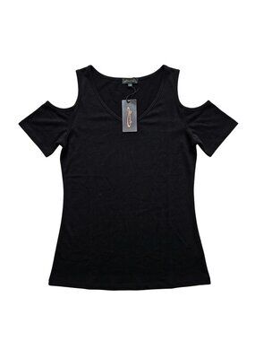 NWT | OFEEFAN Black Cold Shoulder V-Neck Short Sleeve Jersey Knit Top | Small